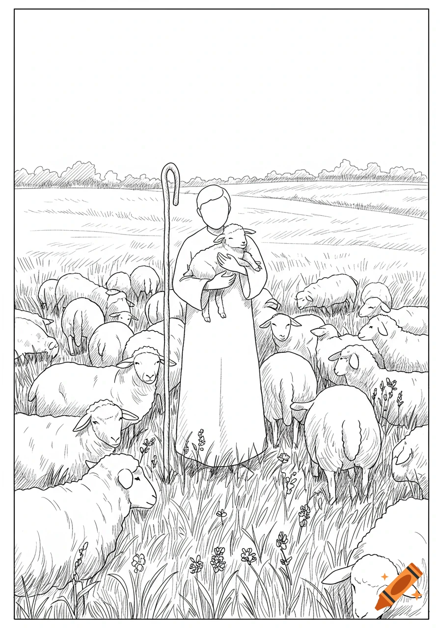 Line drawing of a faceless shepherd cradling a lamb in a grassy field, surrounded by a flock of sheep.