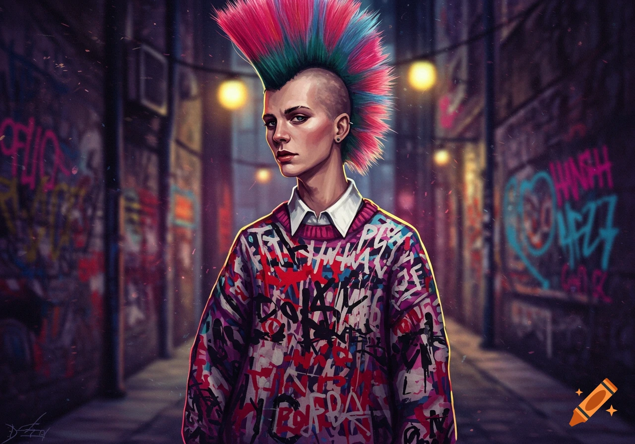 A punk person with a colorful mohawk and a graffiti-covered sweater stands in a dimly lit alley with graffiti walls, digital art.