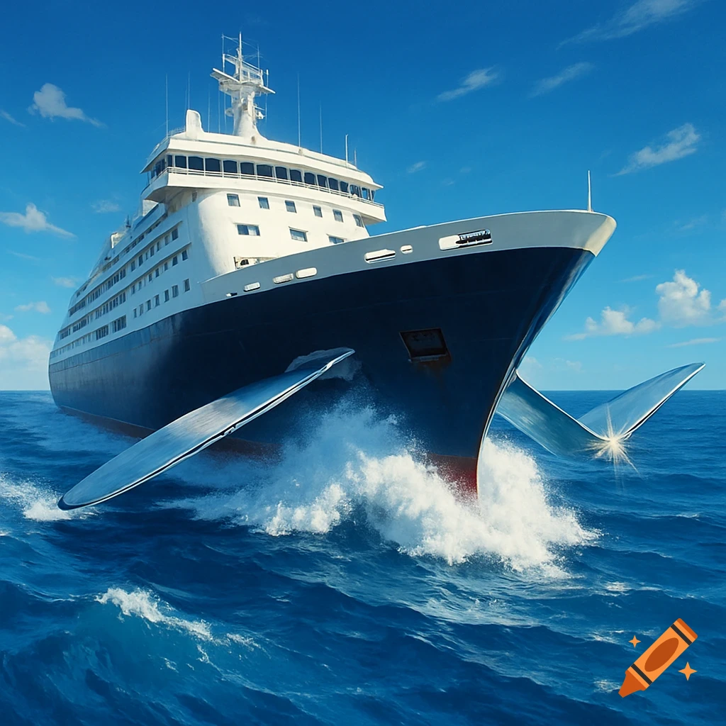 A large cruise ship with two prominent fins cuts through blue ocean waves under a bright blue sky.