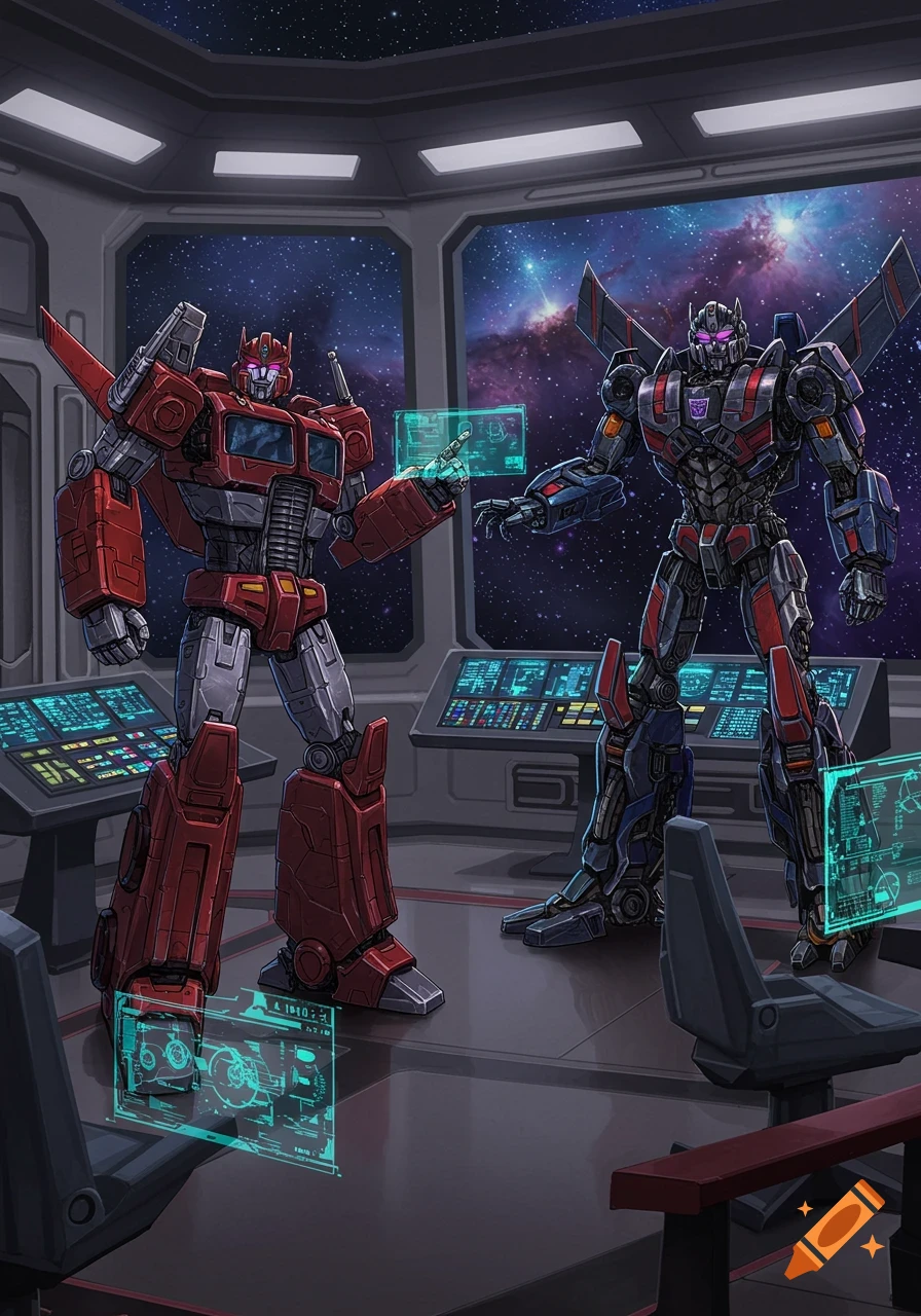 Two Transformers, one red and one dark grey, stand on the bridge of a spaceship, looking at holographic displays showing schematics, with stars visible through large windows.