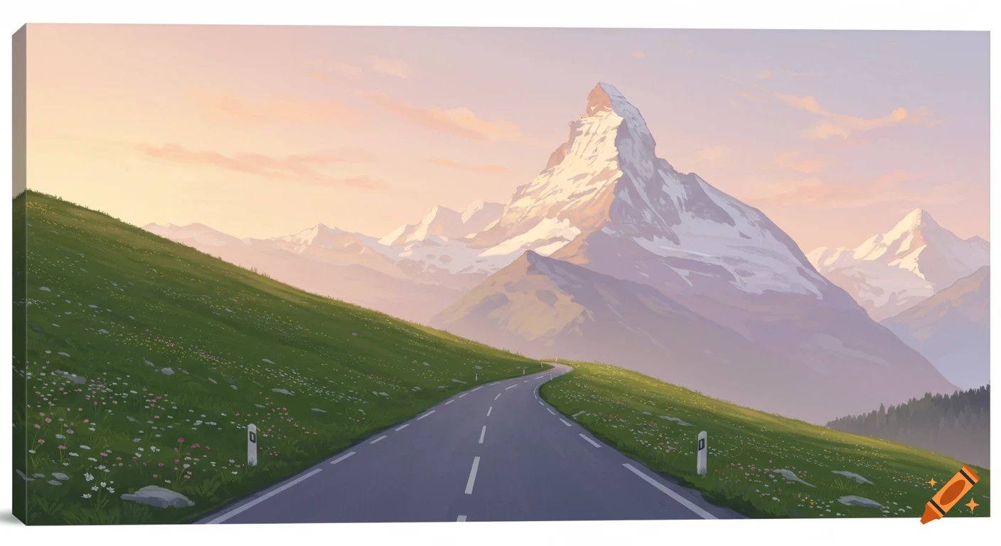 A pastel-colored illustration of a winding road through green hills toward a snow-capped mountain under a pink and orange sky.