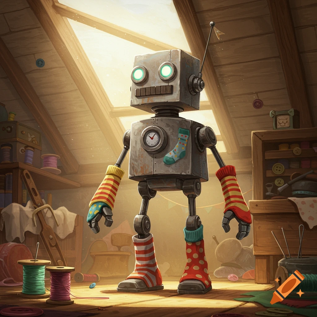 A whimsical, rusty robot wearing colorful socks and striped sleeves stands in a dusty attic workshop.