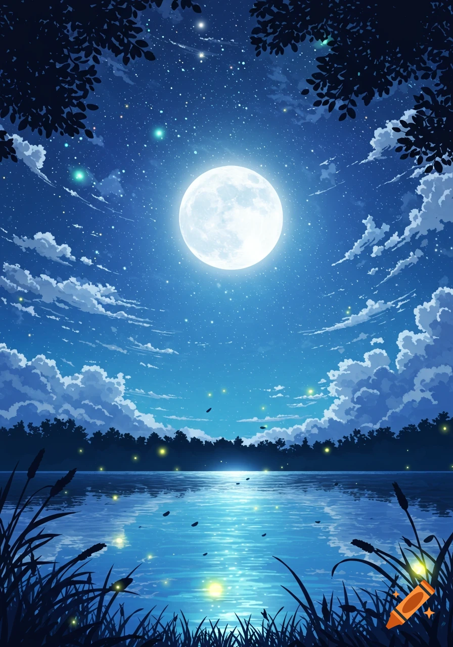 Anime night landscape featuring a large full moon over a glowing lake, starry sky, scattered clouds, dark trees, and reeds.