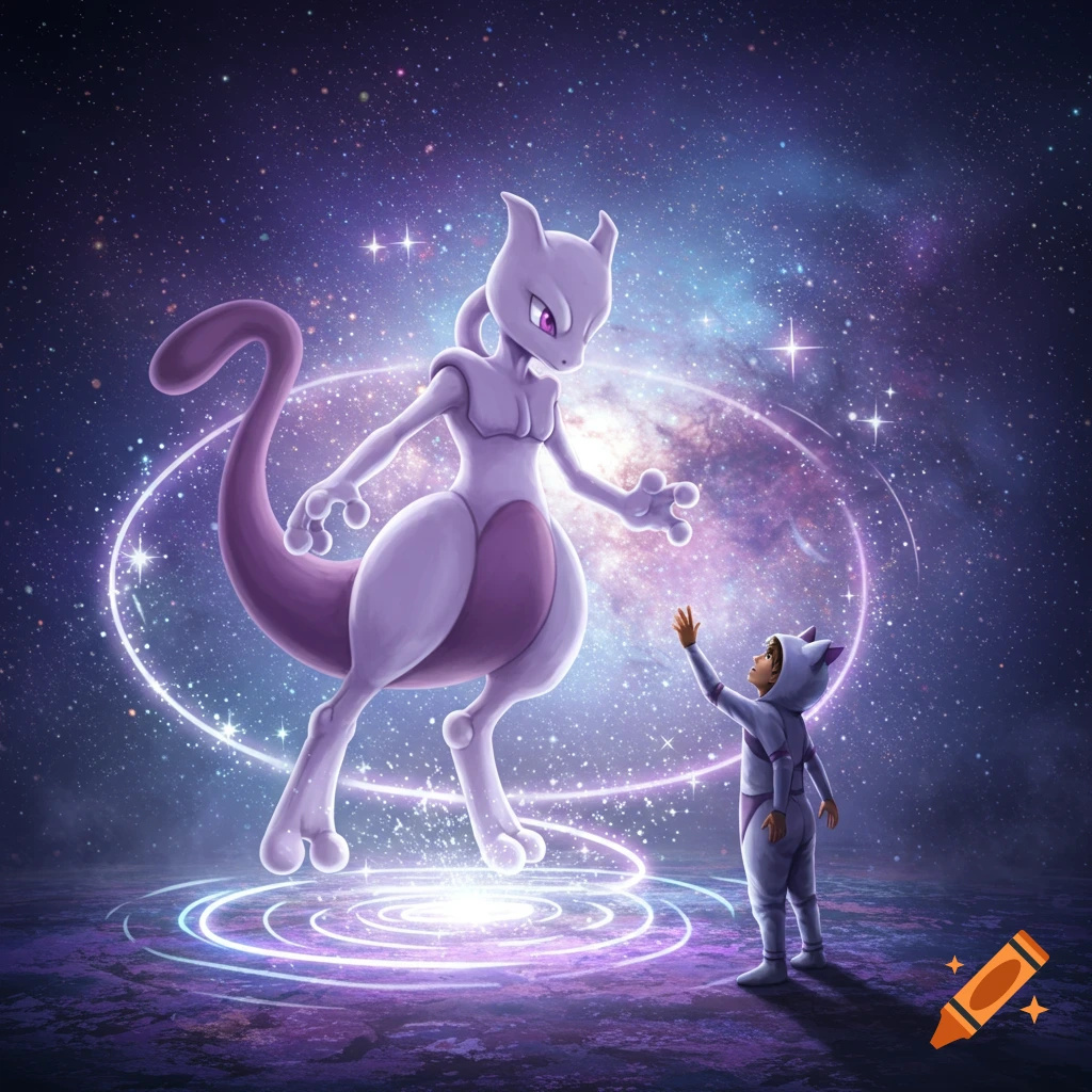Mewtwo floats above a glowing platform in space, looking at a child reaching up in a white cat-eared suit.