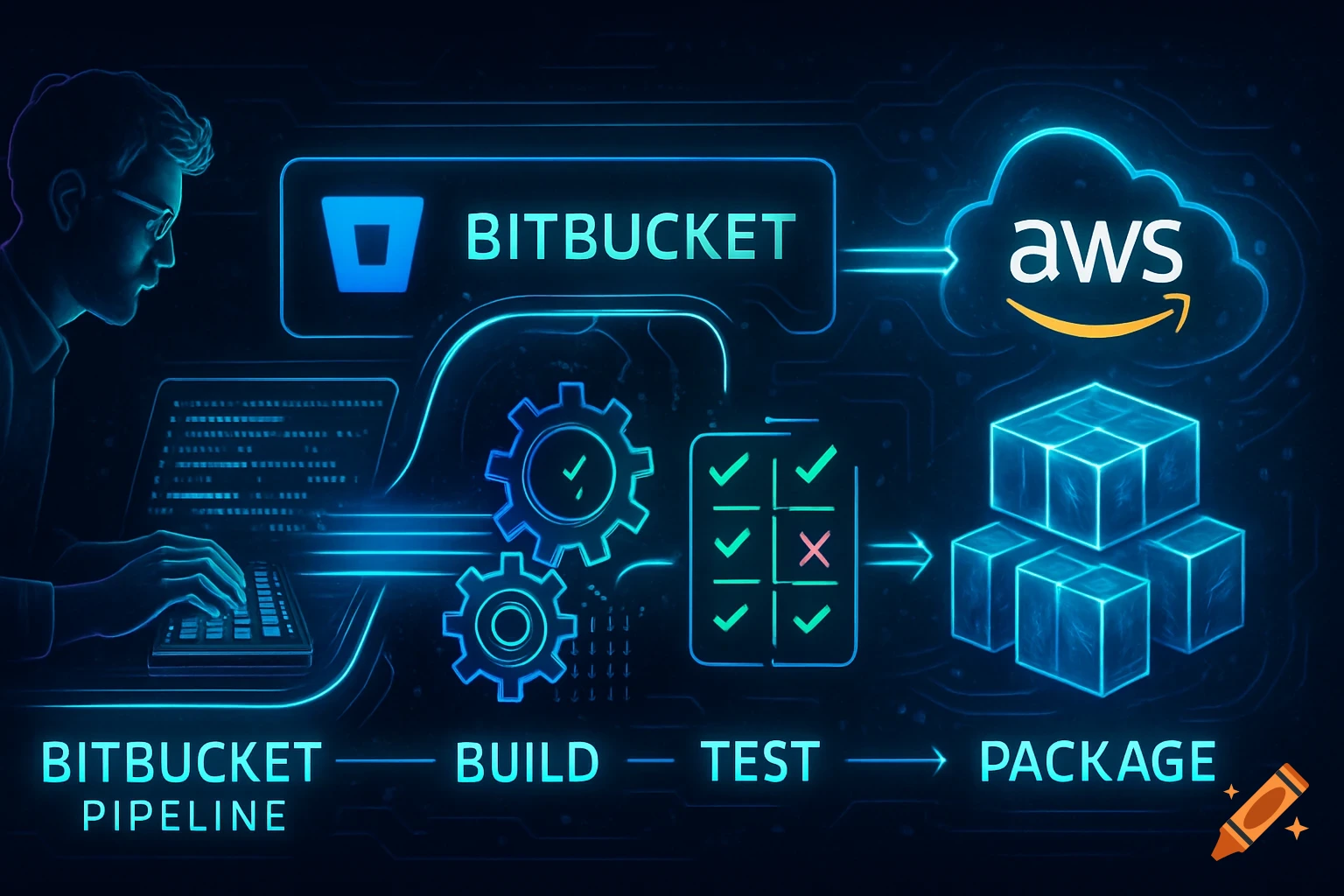 A stylized diagram illustrating a software development pipeline, showing a developer, Bitbucket, build, test, package, and deployment to AWS.
