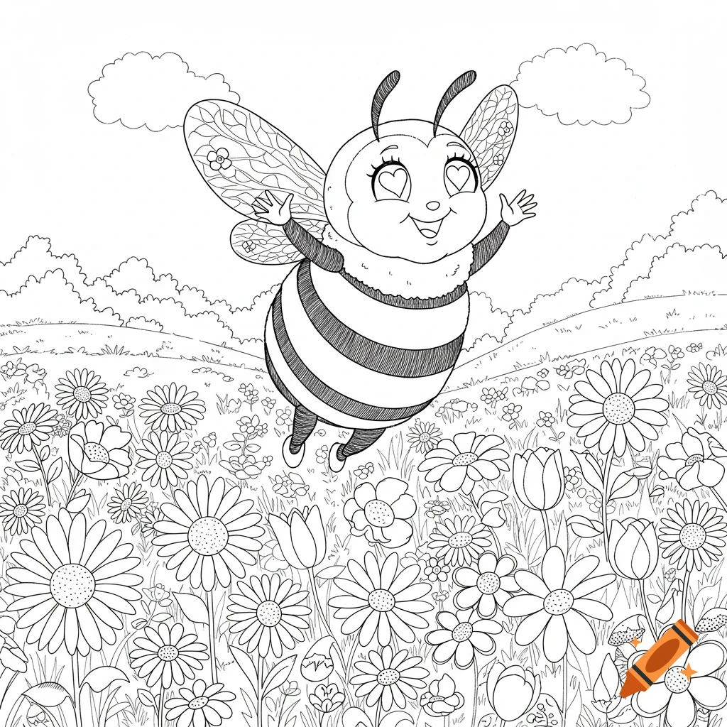 Black and white coloring page of a cute cartoon bumblebee with heart eyes flying over a field of various flowers and clouds.