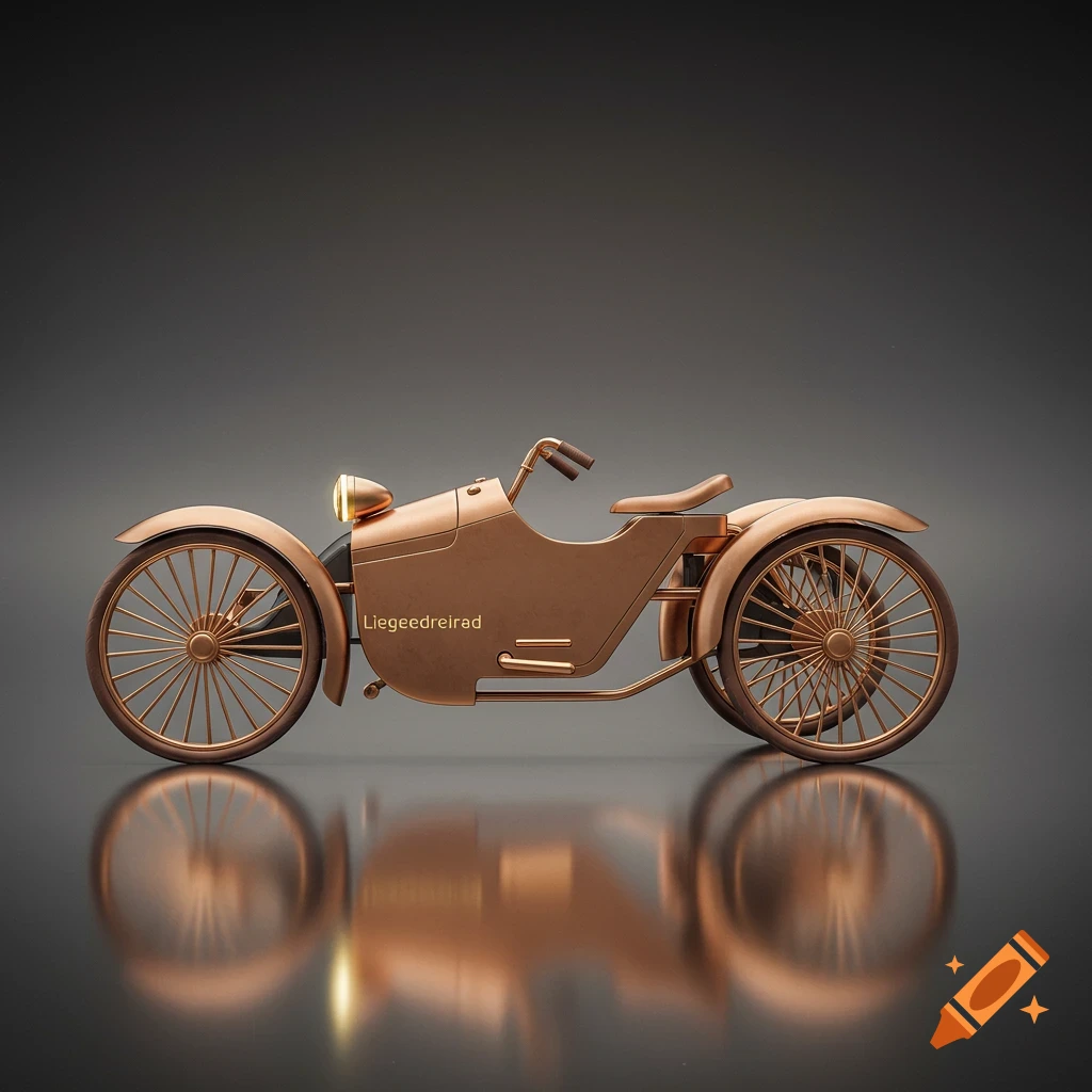 A bronze retro-futuristic recumbent tricycle with a large headlight and spoked wheels, against a dark gray background with a reflective surface.