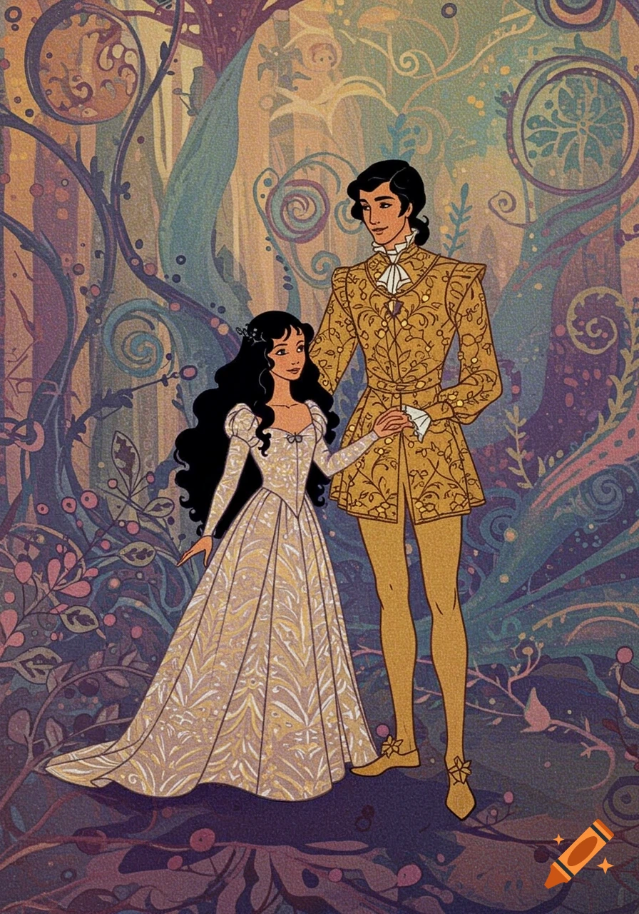 An illustration of Thumbelina and Prince Cornelius in a vintage, psychedelic forest. Thumbelina wears a white gown, Cornelius a gold suit.