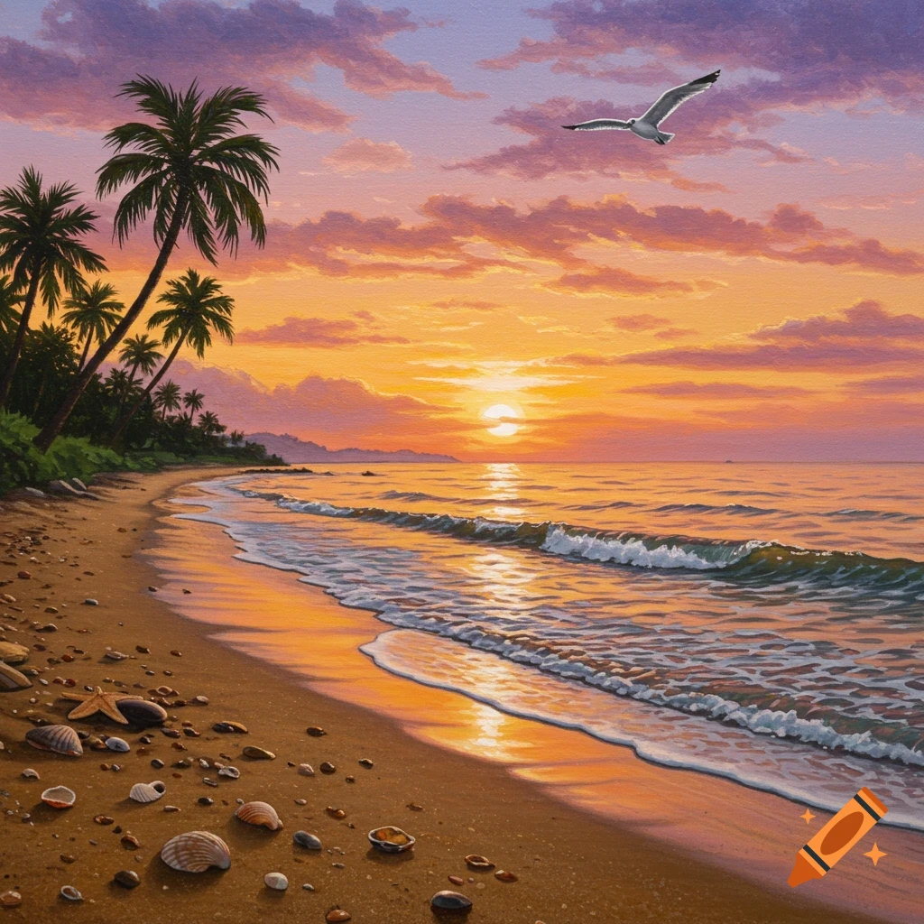 A vibrant painting of a tropical beach at sunset, with palm trees, waves, seashells, and a seagull flying under an orange sky.