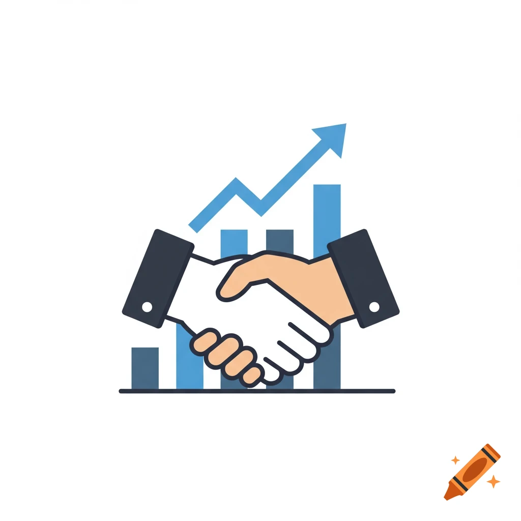 Minimalist vector icon of a handshake over a blue bar chart with an upward arrow, symbolizing business growth.