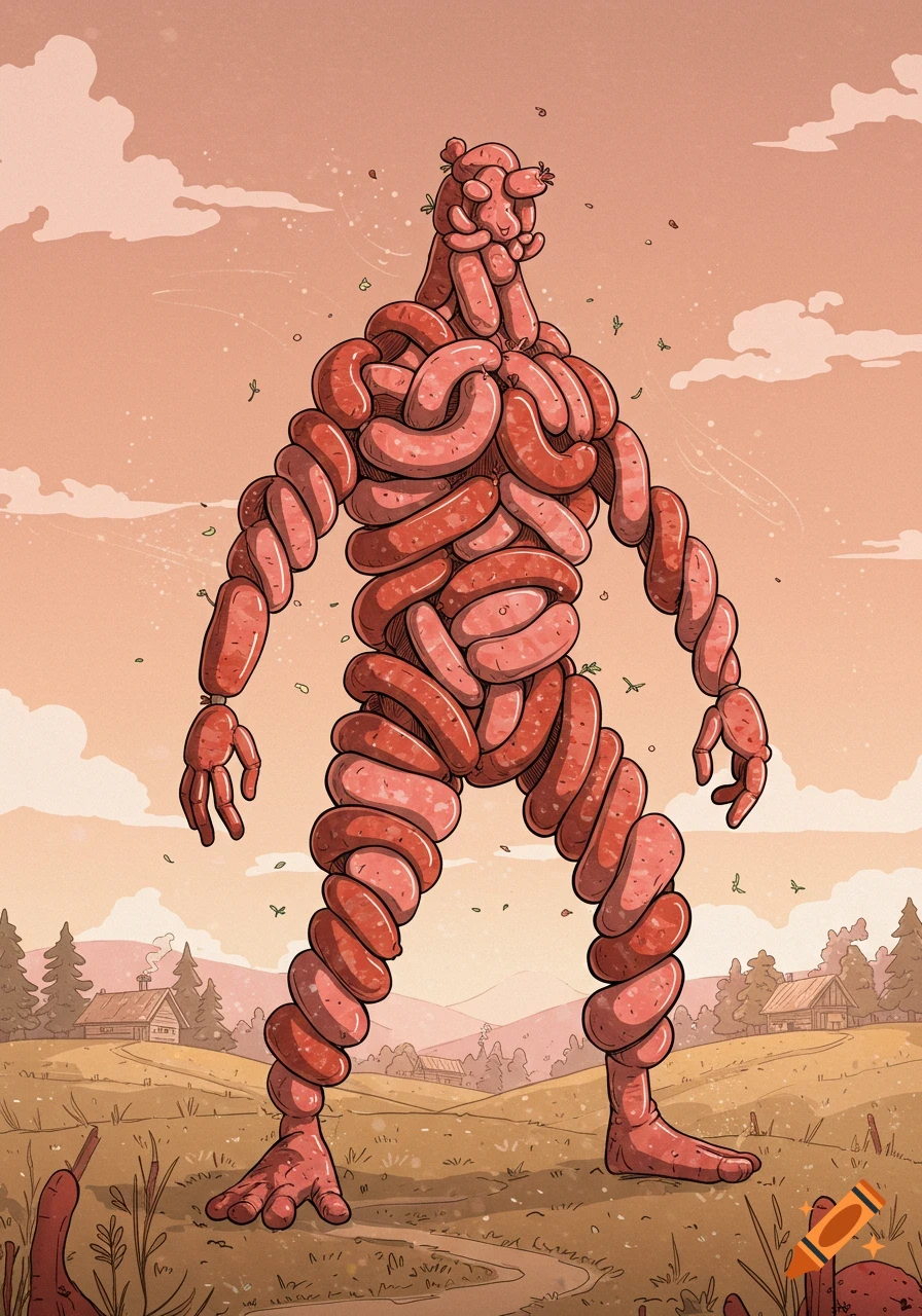 A cartoon illustration of a monster made entirely of sausages standing in a field with houses and trees in the background.