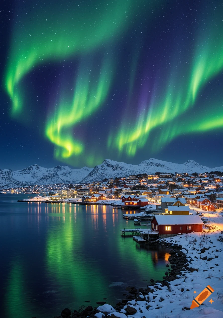 Photorealistic image of the green and purple Northern Lights over a snowy town by a body of water, surrounded by mountains.