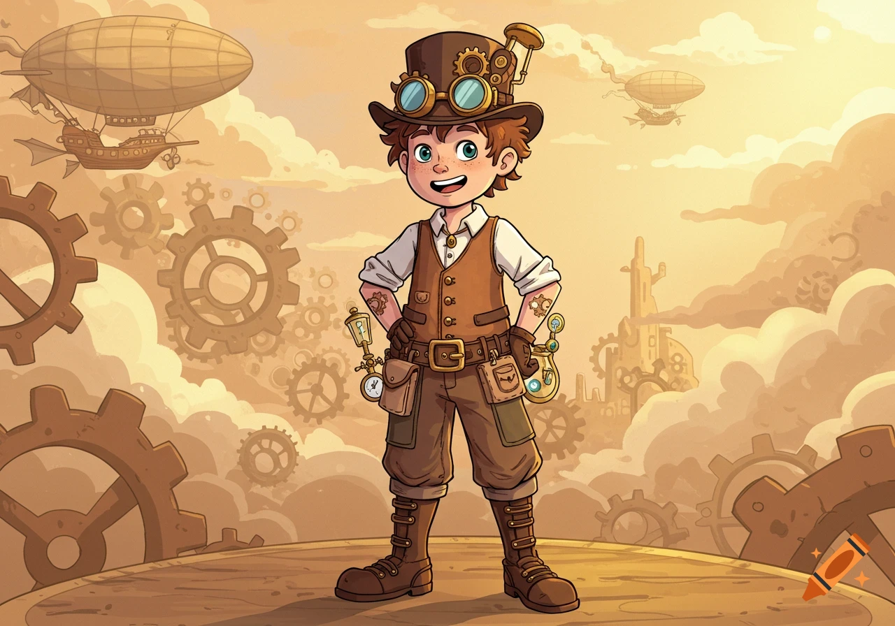 A cartoon boy in a steampunk outfit with goggles on his top hat, standing against a sky with airships and mechanical clouds.