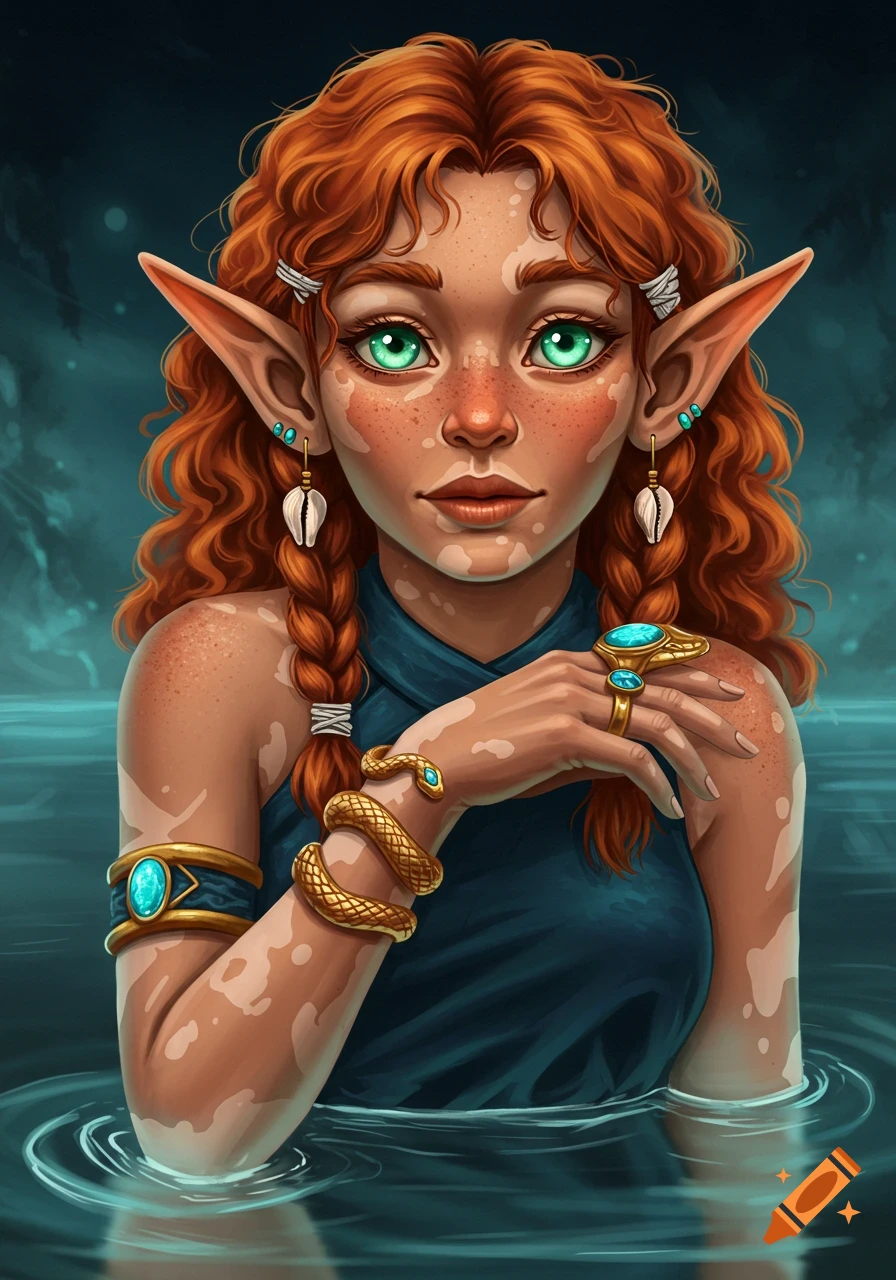 A fantasy portrait of an elf-like woman with long curly red hair, vitiligo, green eyes, and pointed ears, adorned with golden and shell jewelry, emerging from water.