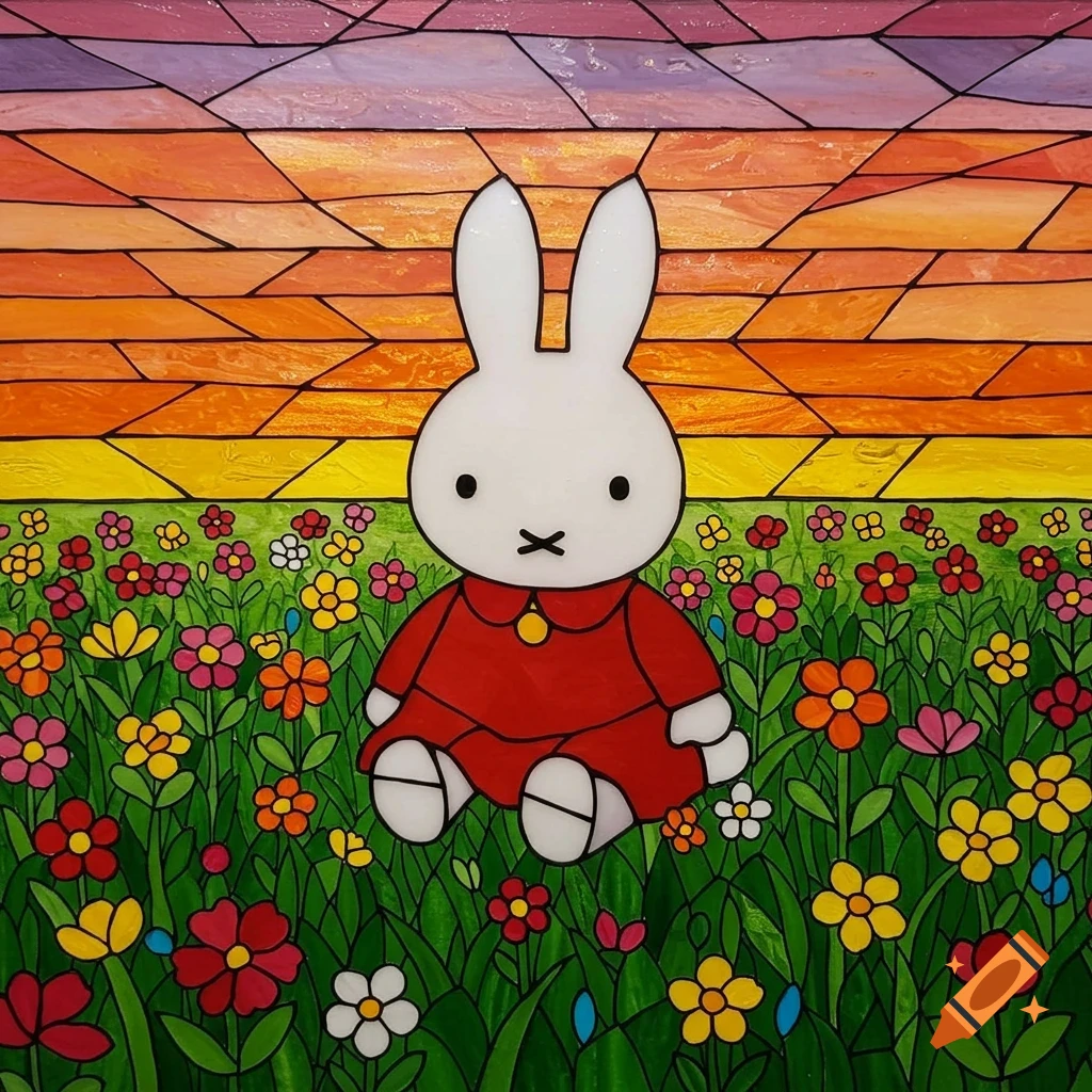 Stained glass art of Miffy, a white bunny in a red dress, sitting in a field of colorful flowers with a vibrant sunset in the background.