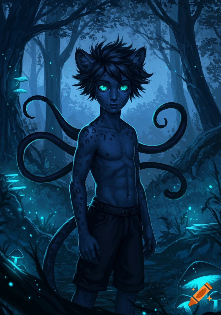 A spotted, dark-skinned boy with cat ears, glowing blue eyes, and tentacles stands in a magical blue-lit forest. Digital art.