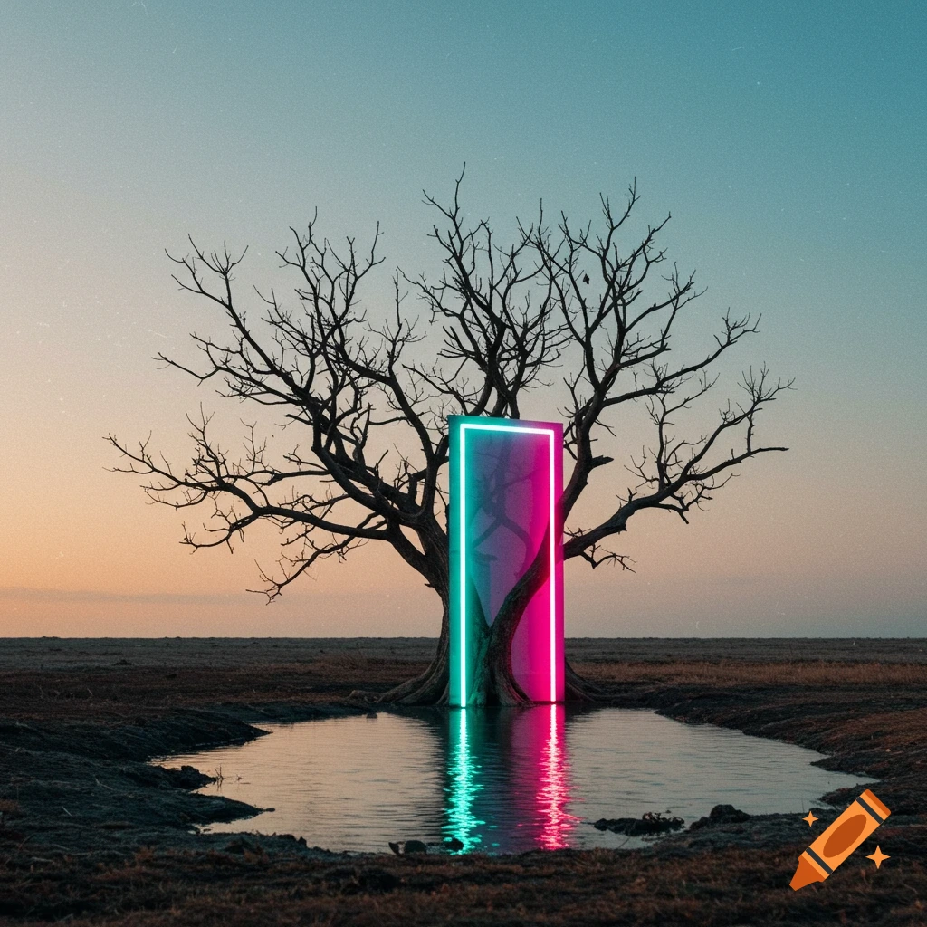A surreal image of a leafless tree with a glowing neon turquoise and magenta portal, reflected in a puddle under a gradient sky.
