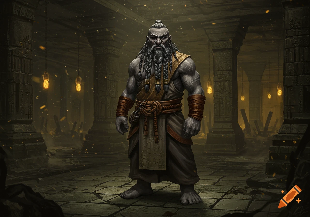 Muscular grey-skinned duergar monk with a long braided beard stands in an ancient, dimly lit dungeon with glowing lanterns.