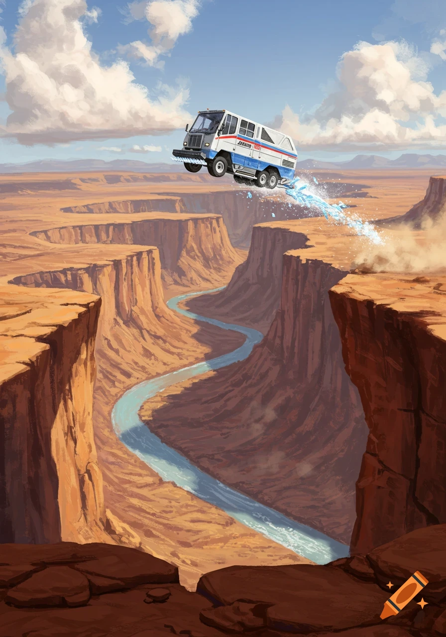 Illustrated Zamboni jumping over a vast desert canyon with a winding river.