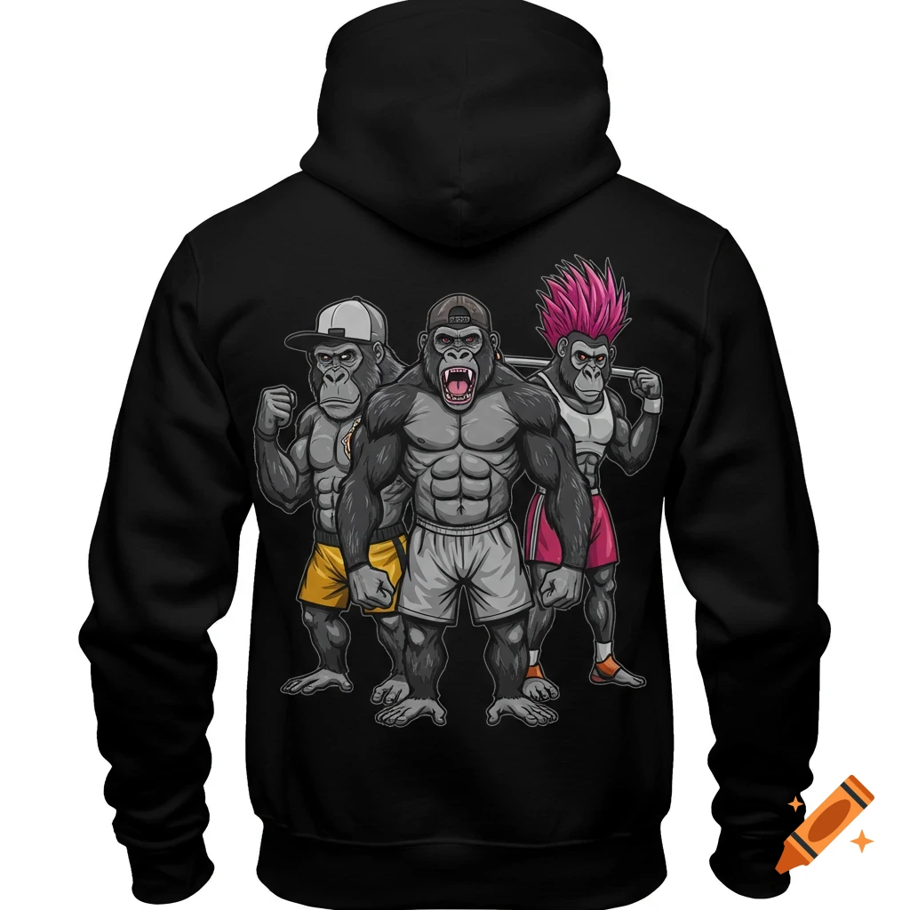 A stylized illustration of three muscular anthropomorphic gorillas in gym shorts, one with a cap and one with pink hair, printed on the back of a black hoodie.