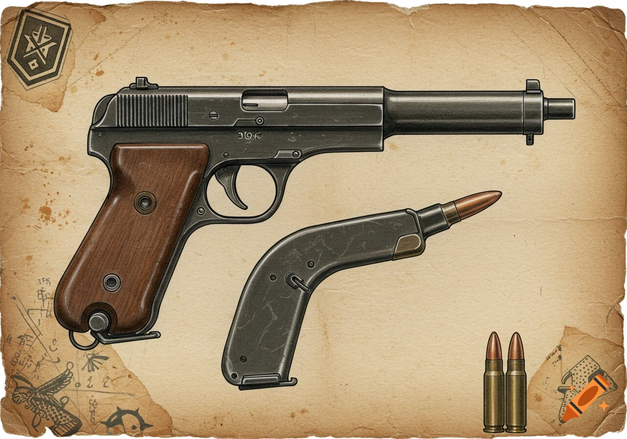 A detailed vintage-style drawing of a pistol with a wooden grip, a detached magazine, and two bullets, laid on old, distressed paper with decorative symbols.