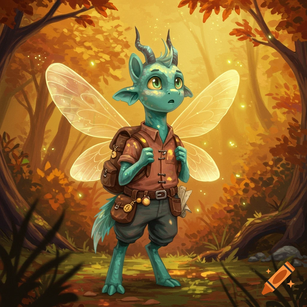 A cute, blue-green horned creature with translucent wings and a backpack stands in a magical autumn forest, looking surprised.