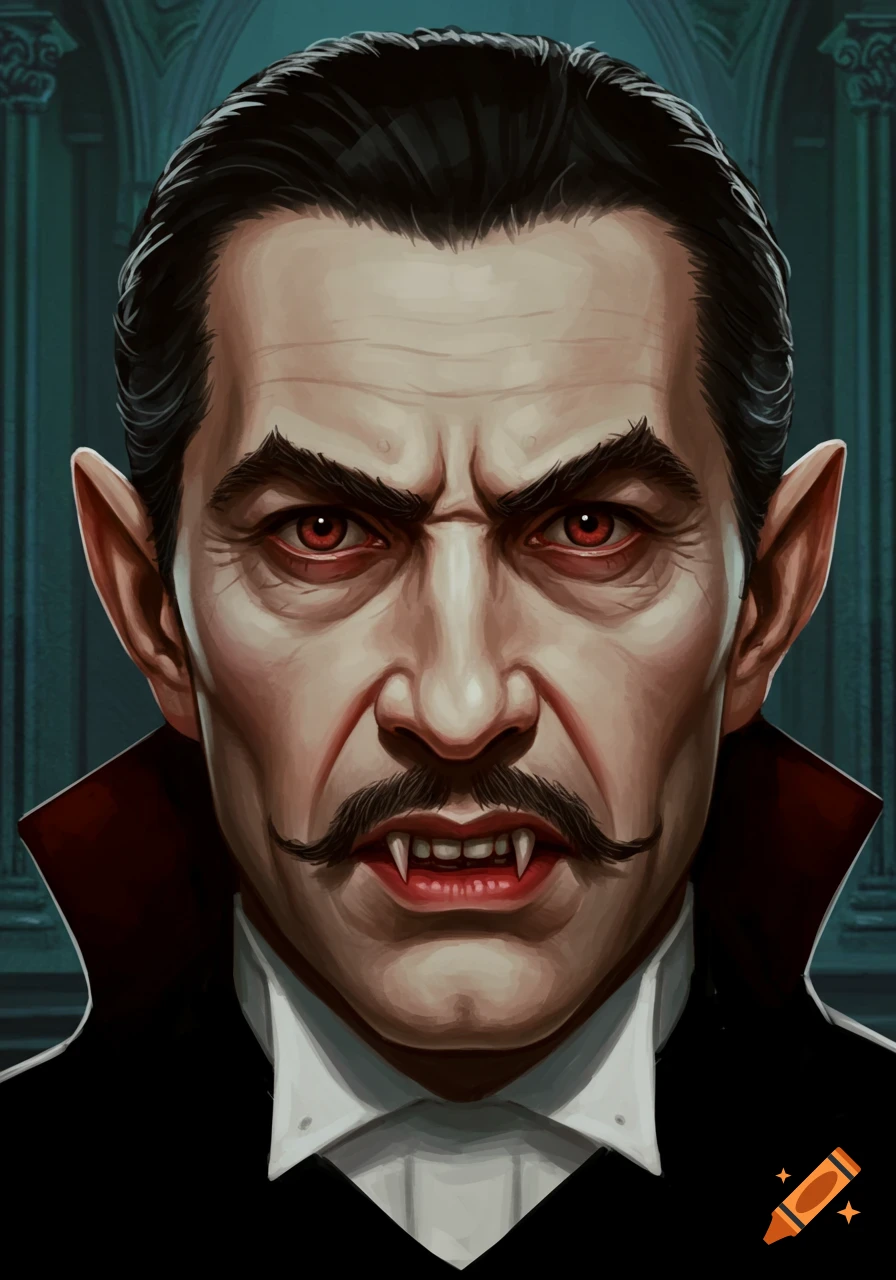 Stylized portrait of Dracula with red eyes, sharp fangs, and a black mustache, against a dark, ornate background.