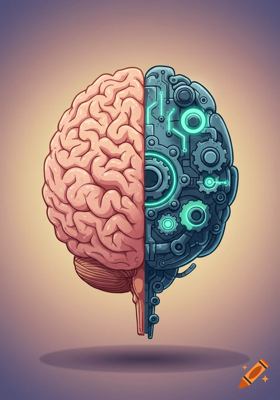 A vibrant anime-style image of a brain split in half; one side is a pink human brain, the other is mechanical with glowing teal circuits and gears.