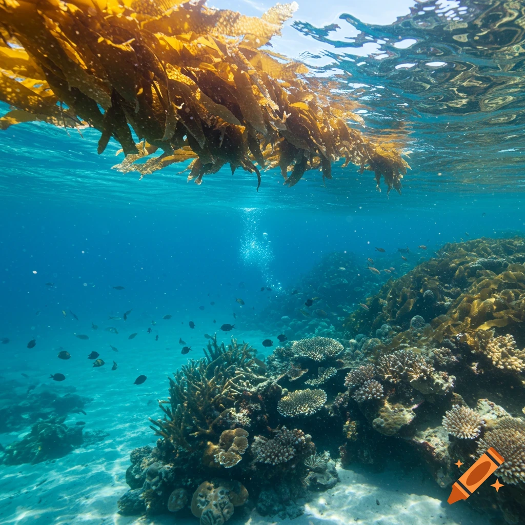An underwater view looking up towards the ocean surface, with golden kelp fronds overhead, schools of fish, and colorful coral reefs below.