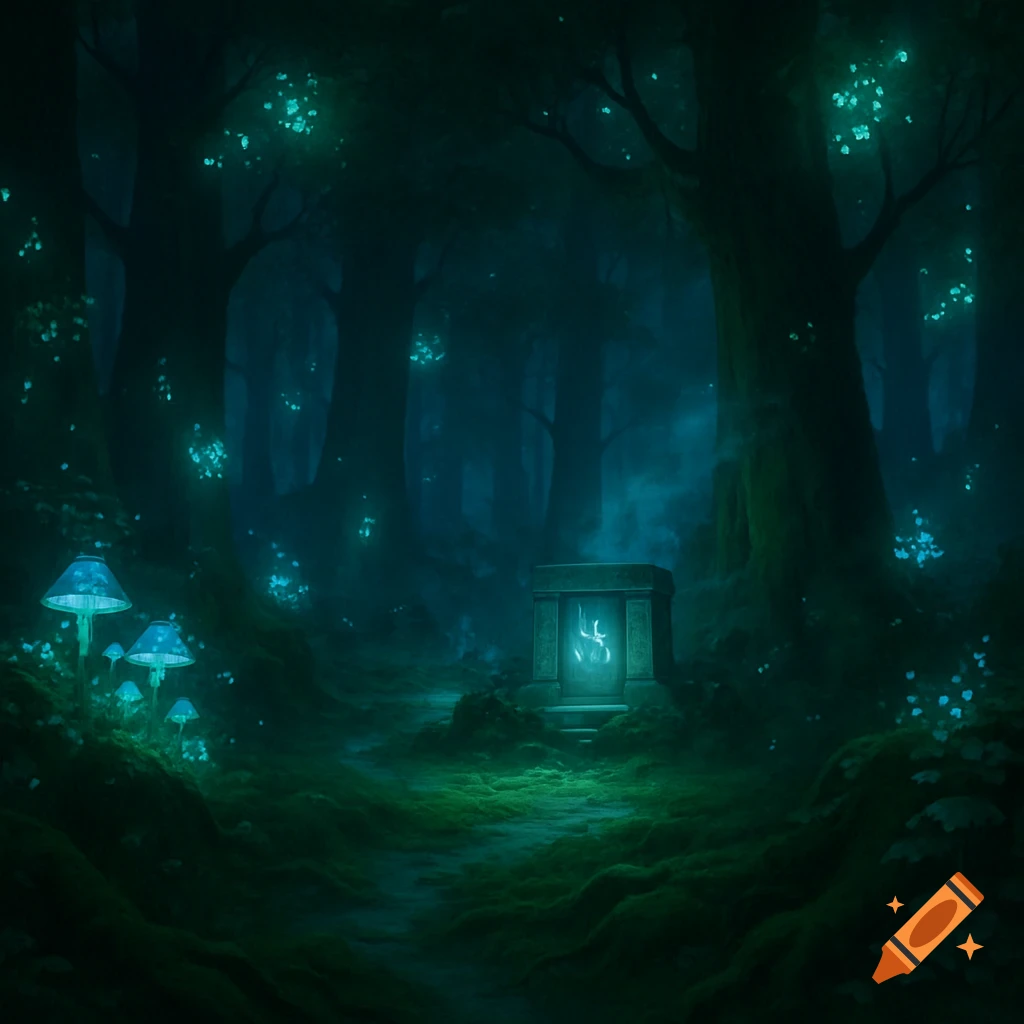 A dark, mystical forest path glows with blue mushrooms and light, leading to a stone altar emanating a magical symbol.