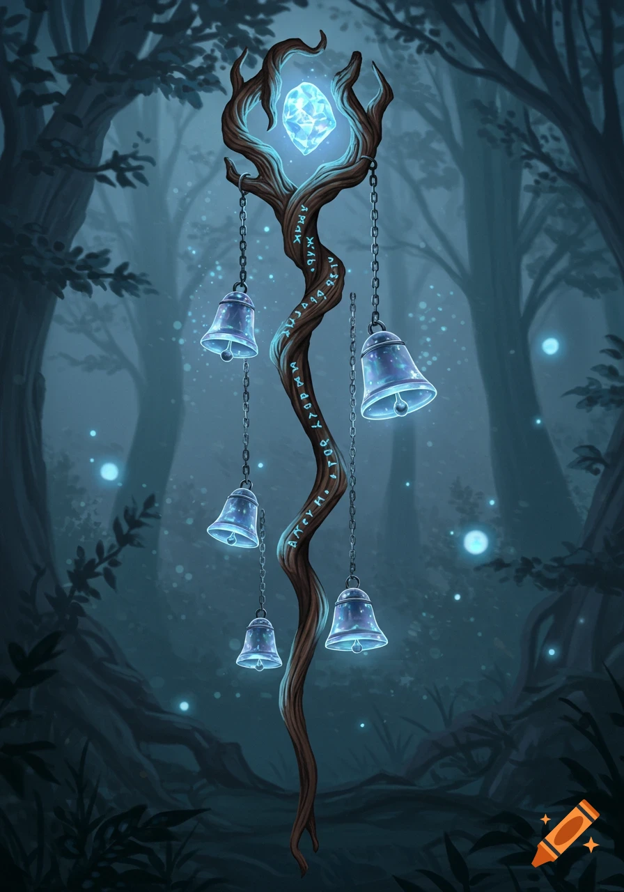 A mystical wooden staff adorned with a glowing blue crystal and bells, set in a dark, magical forest.