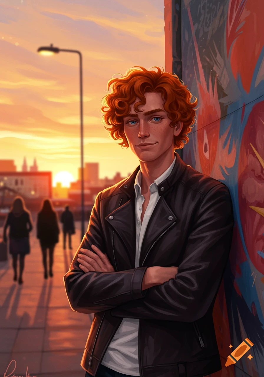 An illustration of a red-haired man in a black leather jacket, leaning against a graffiti wall during sunset in a city.