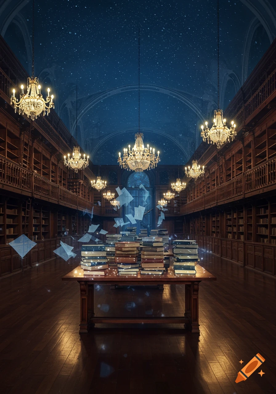 A grand library with high bookshelves, chandeliers, a starry night sky ceiling, and stacks of books on a table with glowing, floating pages.