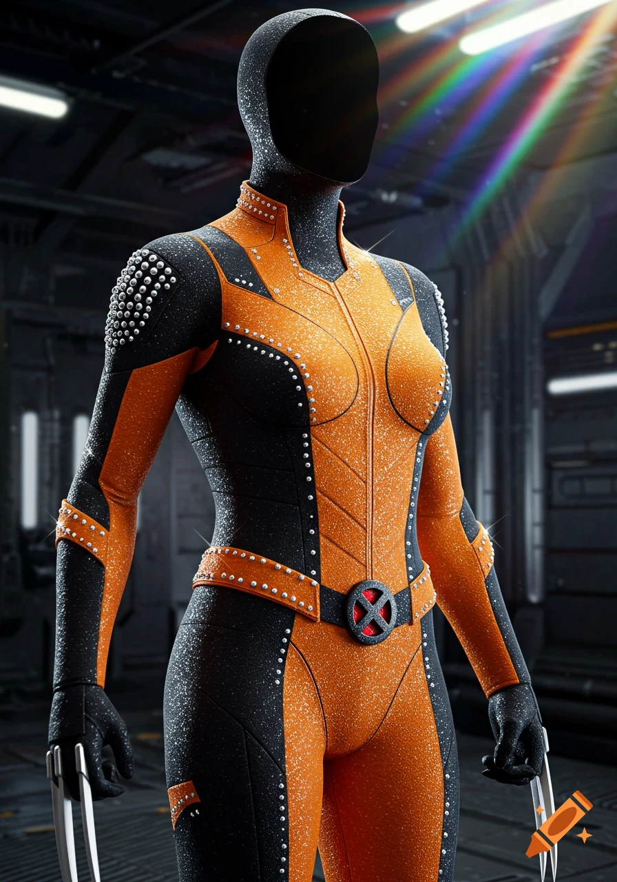 A mannequin figure wears a glittery orange and black X-Men uniform with rhinestone studs, an X-logo belt buckle, and metal claws.