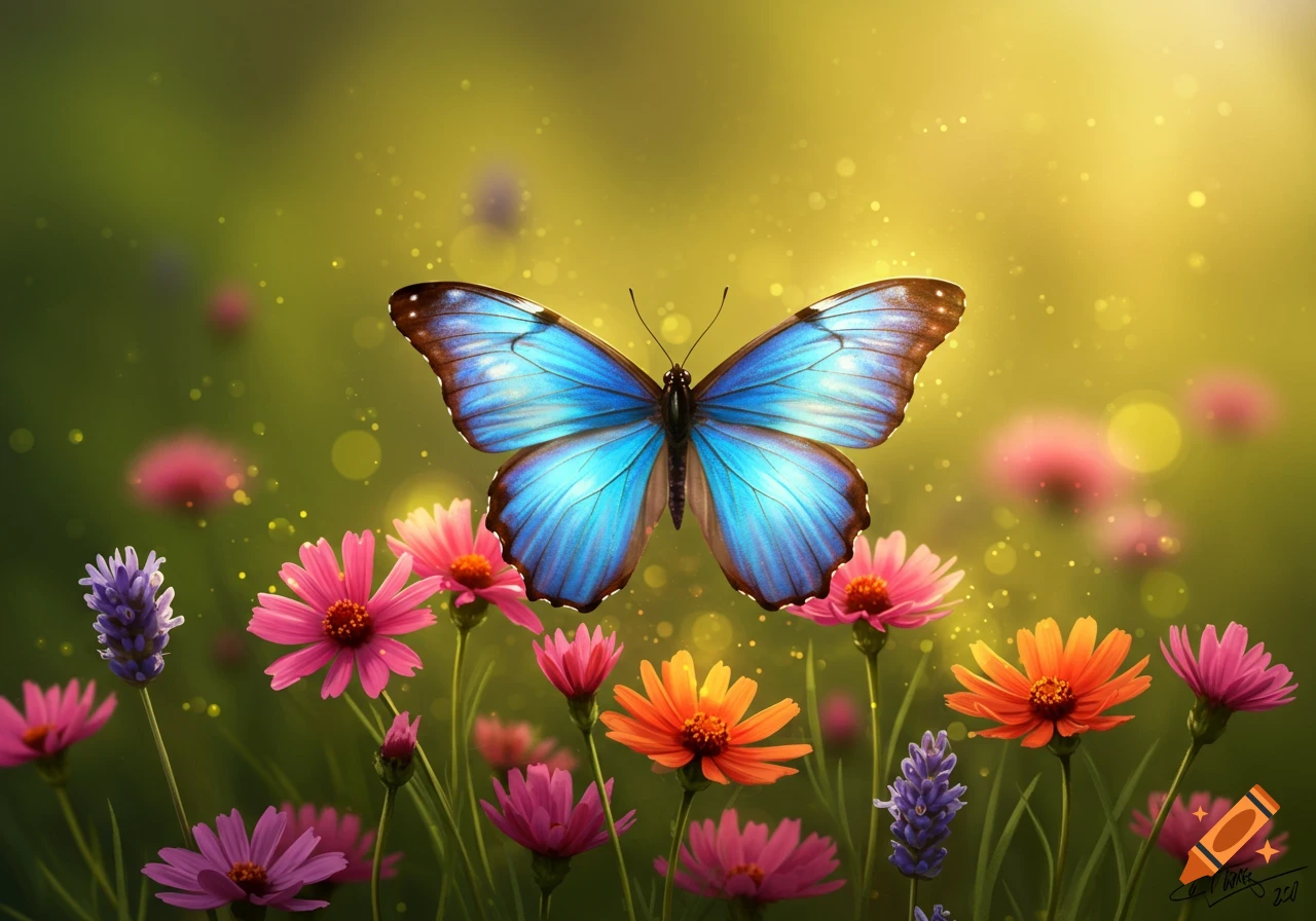A vibrant blue butterfly with outstretched wings hovers above a field of colorful pink, orange, and purple flowers, set against a softly glowing green background with bokeh lights.