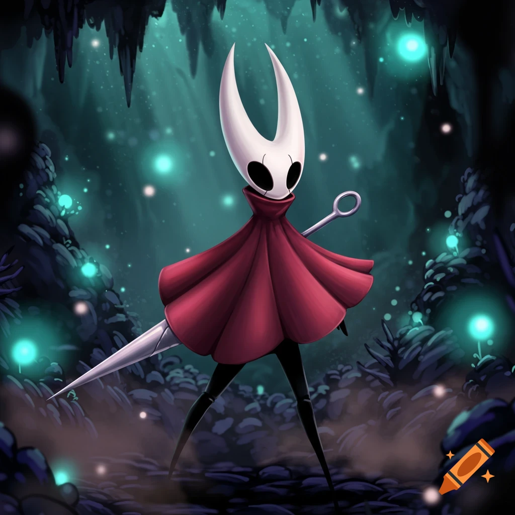 Hornet from Hollow Knight in her red cloak and mask, holding her needle in a glowing blue cave.