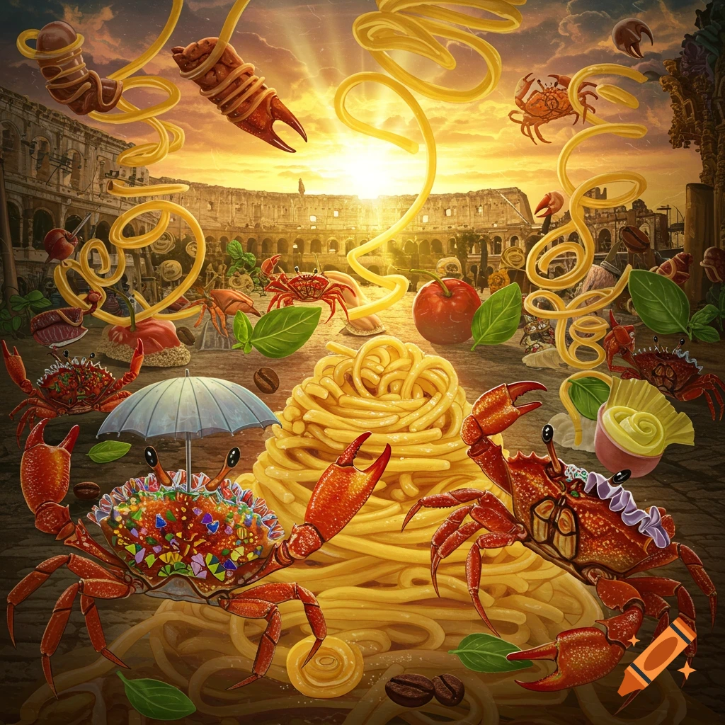 A vibrant surreal scene with pasta, crabs, and various food items scattered around the Colosseum at sunset.