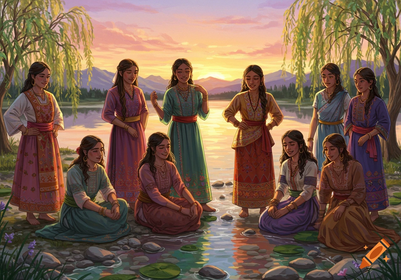 Nine women in colorful traditional dresses gather by a tranquil lake at sunset, surrounded by willow trees in a detailed illustration.