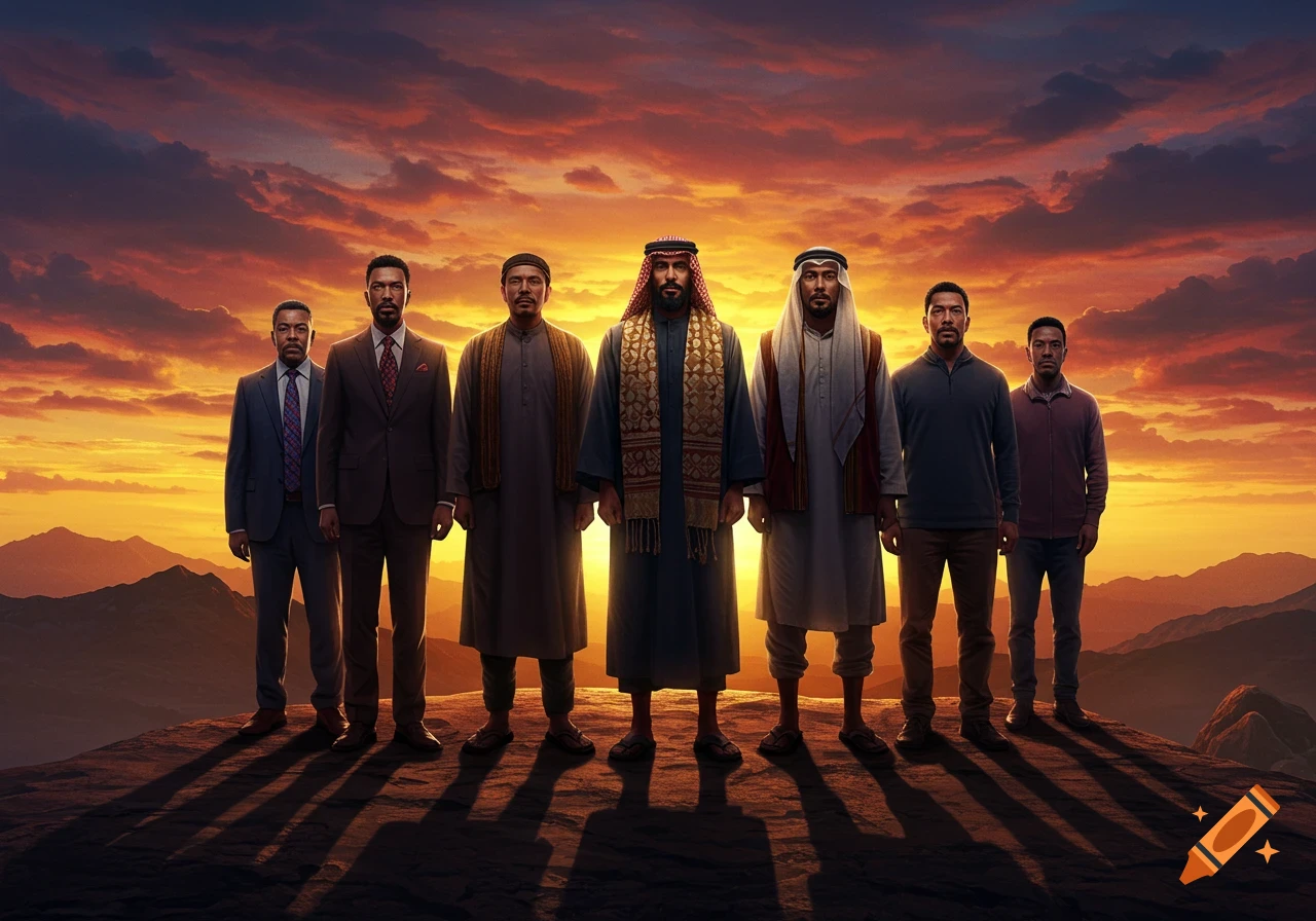 Seven diverse men standing on a rocky hilltop, silhouetted against a dramatic, colorful sunset sky over mountains.