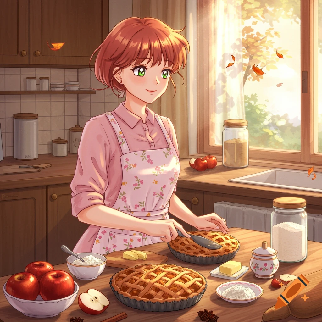 An anime woman with short red hair wears a floral apron while making apple pies in a warm, sunlit kitchen.