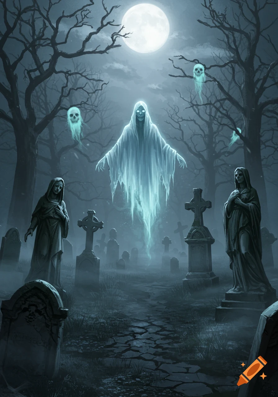 A glowing, ethereal ghost hovers in a spooky, moonlit graveyard with bare trees, gravestones, and mournful statues.