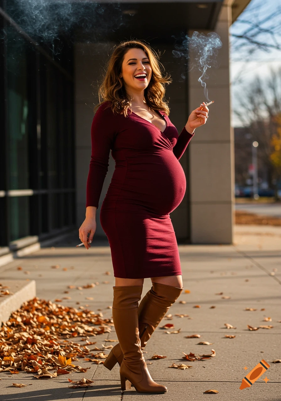 Smiling pregnant woman in a burgundy dress and knee-high boots stands outdoors, smoking a cigarette with fallen autumn leaves around.