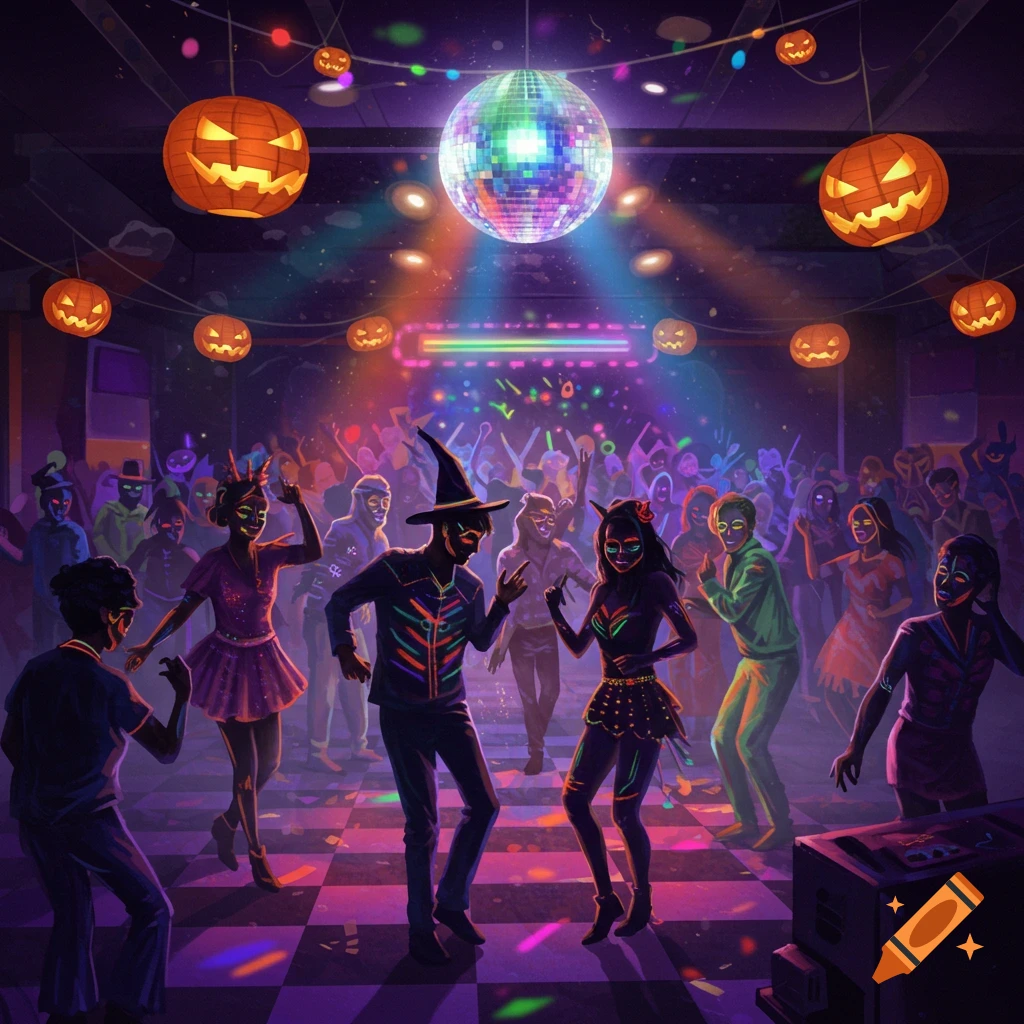 A vibrant illustration of a Halloween disco party with costumed dancers under a disco ball and jack-o'-lanterns.