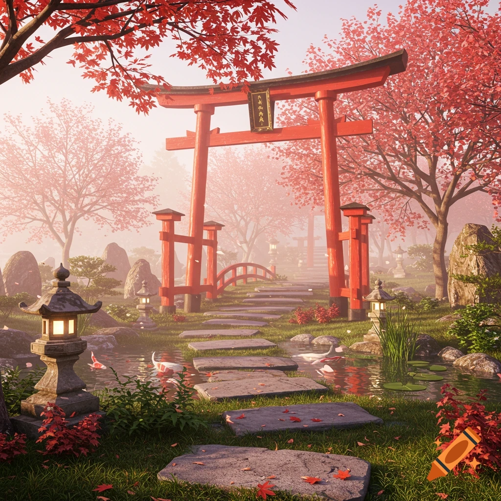 Serene Japanese garden with a red torii gate, stepping stones across a pond with koi fish, stone lanterns, and pink-leafed trees.