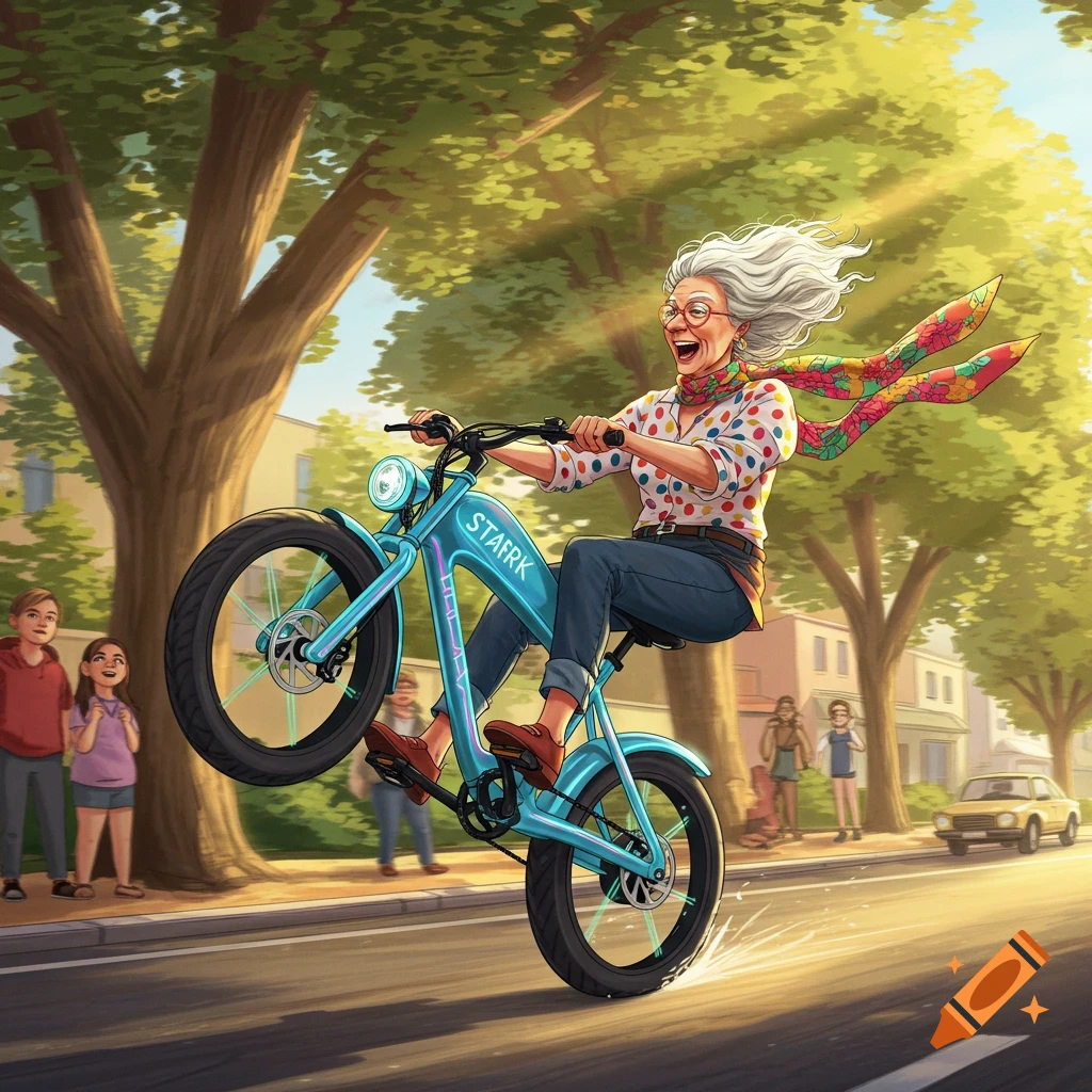 A joyful elderly woman with white hair and a colorful scarf pops a wheelie on a light blue electric bike down a sunny street.