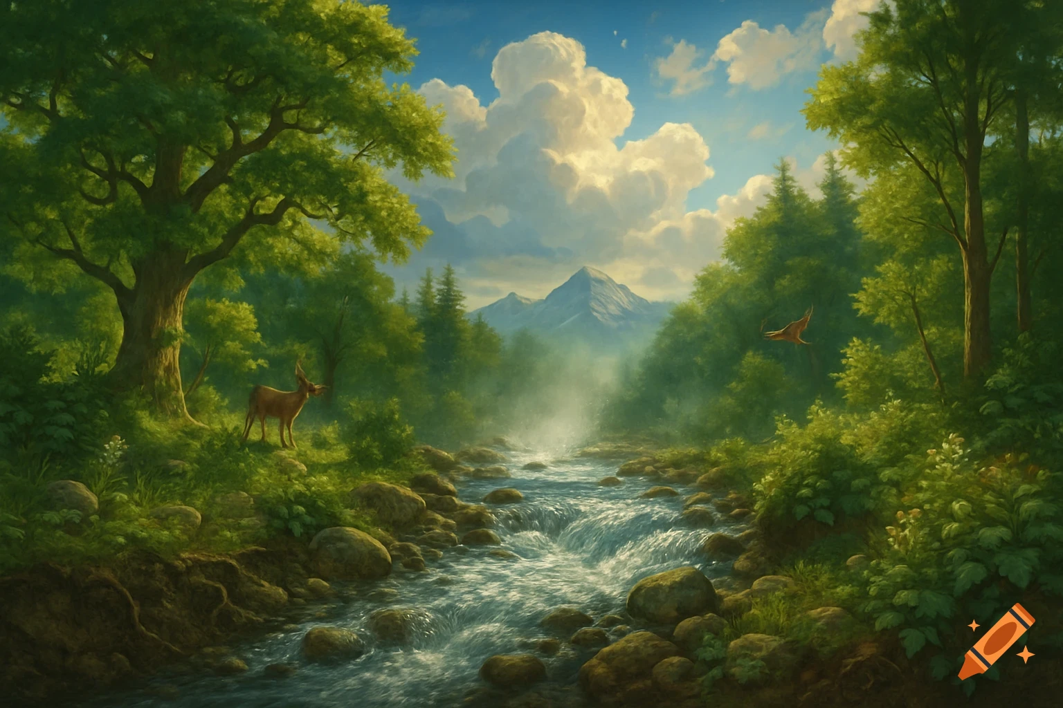 A serene painting of a deer by a rocky river flowing through a lush green forest, with mountains and clouds under a blue sky.