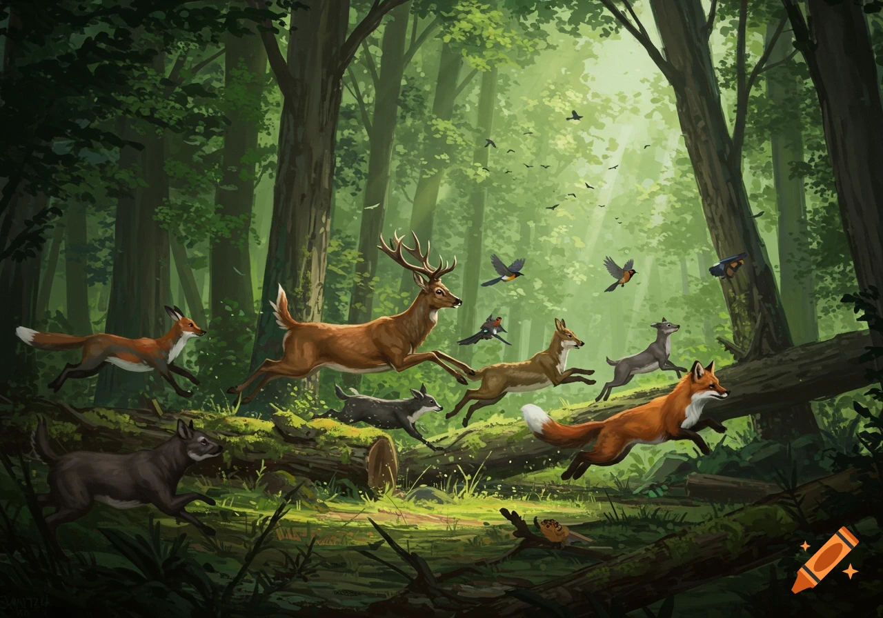 A stylized illustration of various forest animals, including deer, foxes, and birds, fleeing through a sun-dappled green forest.