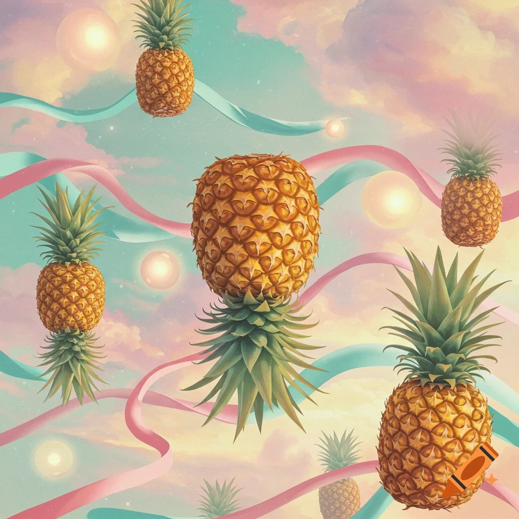 Many pineapples float in a pastel pink and blue sky with flowing ribbons and glowing orbs; some are upside down.