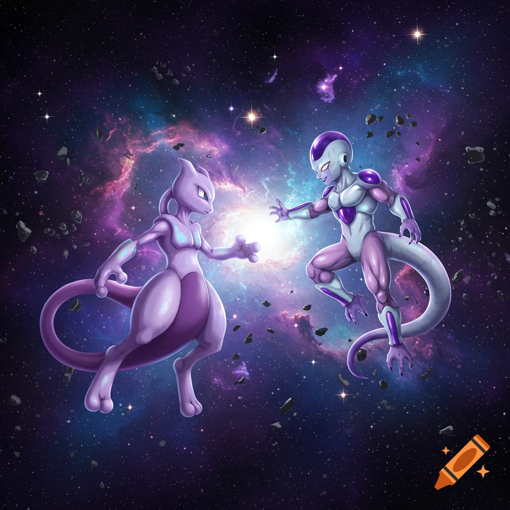 Mewtwo and Frieza confront each other with glowing energy in a vibrant galaxy filled with stars and nebulae.