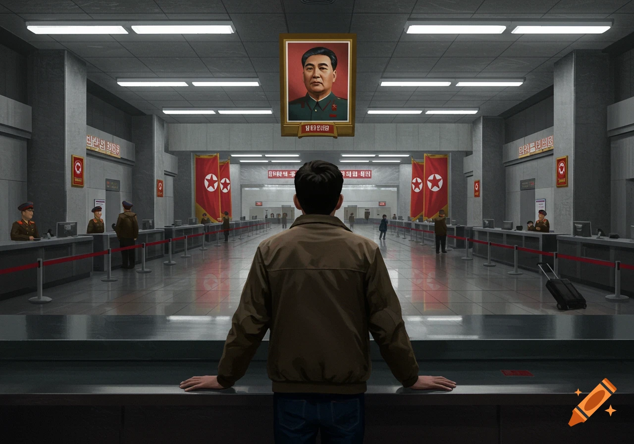 A man stands facing away at a counter in what appears to be a North Korean airport, with a large portrait of a leader on the wall and flags with red stars.